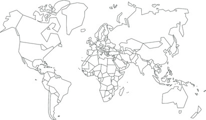 Vector map of The World to study colorless with outline, black and white