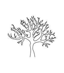 Bare tree one line art. Continuous line drawing of plants, herb, tree, wood, nature, flora, tree without leaves, autumn, bare tree, branches, crown.