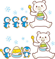 Obraz na płótnie Canvas かき氷を食べるシロクマとペンギンのイラスト＿ライン有