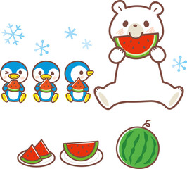 スイカを食べるシロクマとペンギンのイラスト＿ライン有