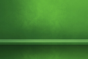 Empty shelf on a green wall. Background template. Horizontal backdrop