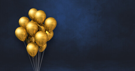 Gold balloons bunch on a black wall background. Horizontal banner.