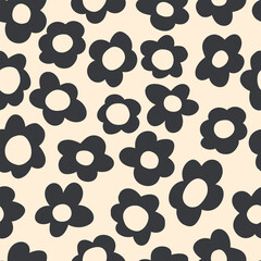 seamless pattern with vintage vector groovy flowers. modern elements. stylized black flowers silhouettes on a light beige background. surface design, textile, stationery, wrapping paper and covers
