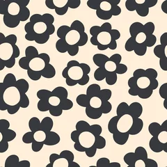 Wall murals Vintage Flowers seamless pattern with vintage vector groovy flowers. modern elements. stylized black flowers silhouettes on a light beige background. surface design, textile, stationery, wrapping paper and covers