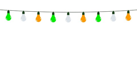 Garland of green, white and orange light bulbs on a white background	