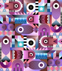 Fototapete Abstrakte Kunst Meereslebewesen-Vektor-Illustration. Geometrisches Design mit Fischen, Quallen und abstrakten Formen. Kann als nahtloser Hintergrund verwendet werden.