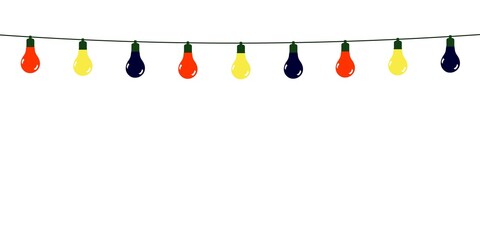 Garland of black, red and yellow light bulbs on a white background