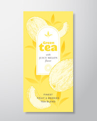 Fruit and Berries Tea Label Template. Abstract Vector Packaging Design Layout with Realistic Shadows. Hand Drawn Melon with Slices and Leaves Decor Silhouettes Background. Isolated
