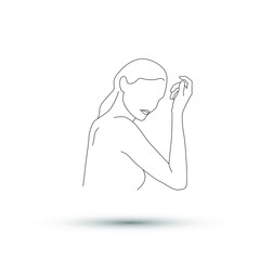 Vector thin line minimalistic illustration of woman. Body care drawing isolated on a white background.