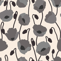 botanical seamless pattern. digital design for fabric, surface, stationery, wallpaper. stylized poppy flowers in shades of gray