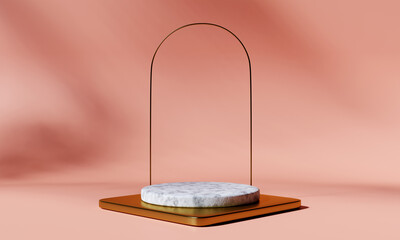 Product podiums on pink background with golden arch