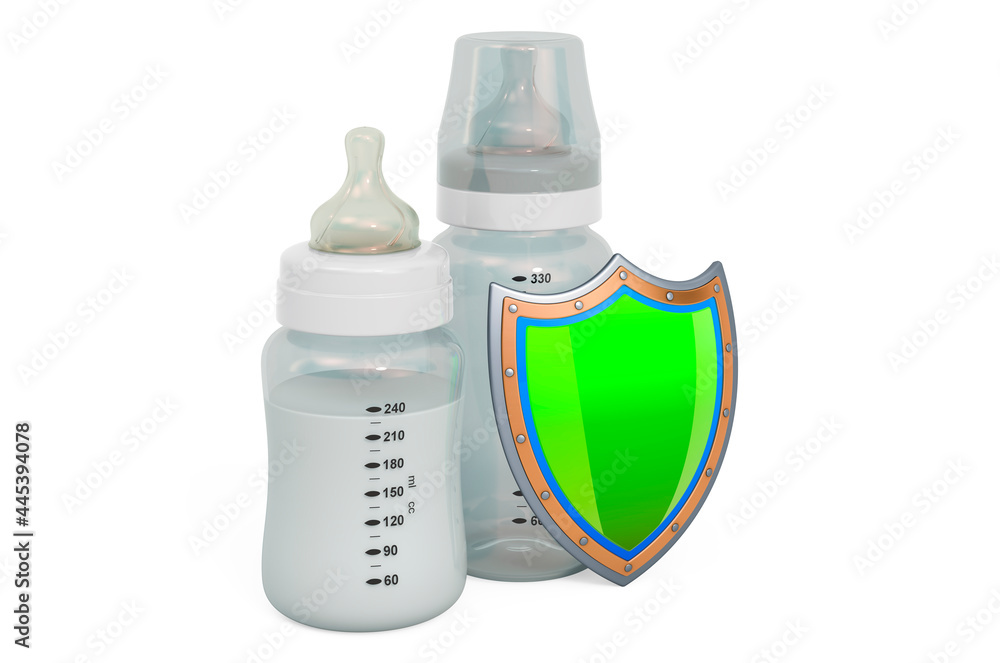 Poster baby bottles with shield, 3d rendering