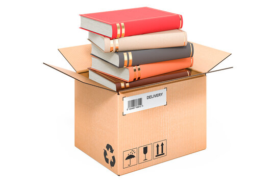 Books inside cardboard box, delivery concept. 3D rendering