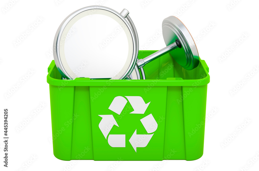 Aufkleber recycling trashcan with led illuminated makeup table top mirror with magnifying, 3d rendering