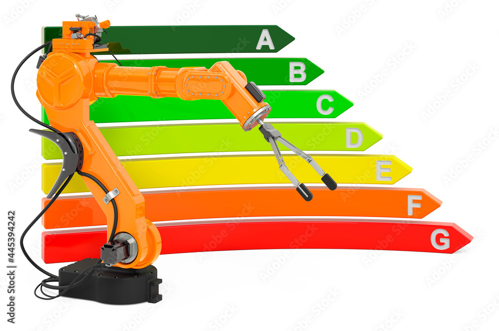 Poster robotic arm with energy efficiency chart, 3d rendering