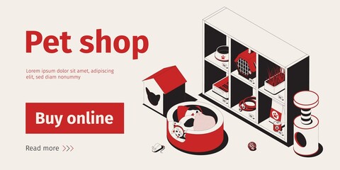 Online Pet Shop Horizontal Banner With Isometric