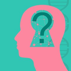 Head of man with keyhole, question mark and dna strand