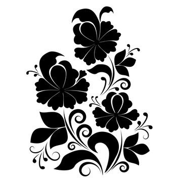Decorative composition of flowers, leaves, elements of berries and curls in black on a white isolated background. Black floral pattern for design.