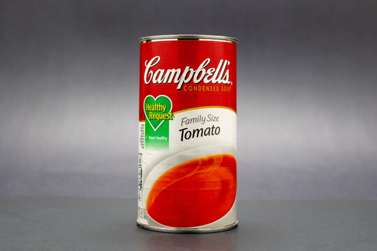 Fort Myers, FL, USA - 7-15-21: A Family Sized Can of  Campbell's Condensed Soup. Campbell's Tomato Soup Company was founded in 1869 and now sells products in 120 countries worldwide. 