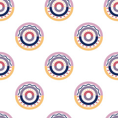 Seamless pattern with rainbows and circles. Bright cute vector illustration in ethnic style. The print is suitable for printing on fabric, clothing, wrapping paper, bedding