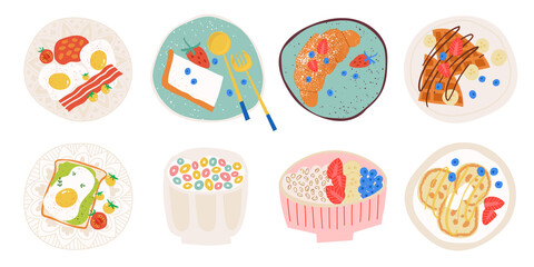 Breakfast snacks set. Flat hand drawn illustration of morning food. Eggs and bacon, croissant, waffles, avocado toast, cereals, oats, pancakes. Fresh decorated brunch menu for cafe.