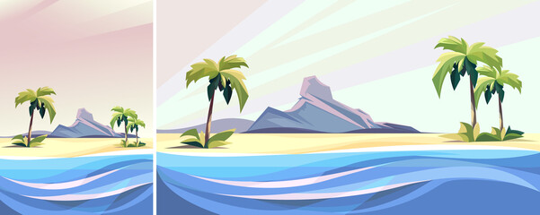 Fototapeta na wymiar Seascape with palms and rock. Nature landscape in vertical and horizontal orientation.