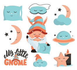 The set of sleep stickers with gnome, text, planet, stars and pillow