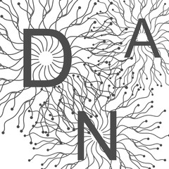 Concept of biochemistry with dna acronym and lines connected with dots