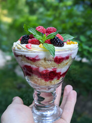 Desert with raspberries in a glass