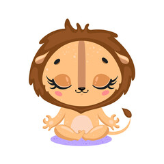 Vector flat cute cartoon doodle lion meditation. Tropical jungle safari animals meditate. Animals yoga