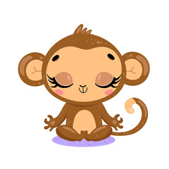 flat cute cartoon doodle monkey meditation. Tropical jungle safari animals meditate. Animals yoga