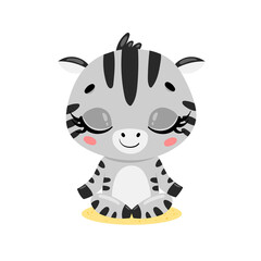 flat cute cartoon doodle zebra meditation. Tropical jungle safari animals meditate. Animals yoga