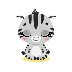 Vector flat cute cartoon doodle zebra meditation. Tropical jungle safari animals meditate. Animals yoga