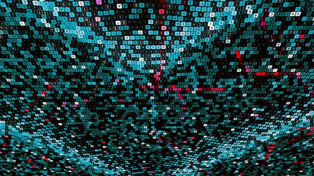 Abstract colorful transforming and waving data canvas, concept of artificial intelligence. Animation. Blinking and changing lines of a programing code on a dark background background, seamless loop.