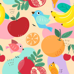 seamless pattern bird with fruits, Watermelon, Banana, Apple, Pomegranate, Orange, Cherry, Strawberry and leaf 