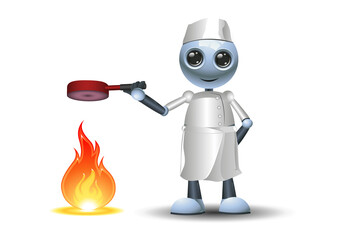3D illustration of  a little robot chef  cooking holding pan on fire