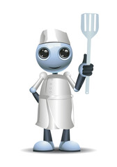 3D illustration of  a little robot chef hold a spatula ready to grill