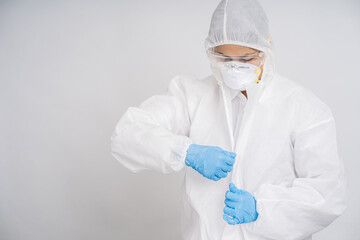 Doctor or nurse wearing white protective clothing. Isolated on a white background studio. Concept...