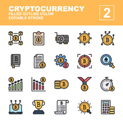 filled line color icon symbol set, cryptocurrency concept, bitcoin, blockchain, video card, direcetion, maintenance, target, infographic, trophy, ethereum, Isolated line vector design, editable stroke