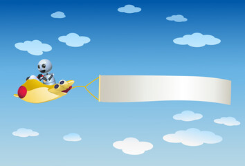 illustration of  a little robot riding elegant  plane bring banner