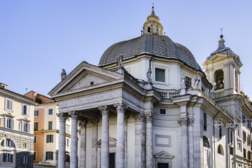 Our Lady at Montesanto church (Chiesa di Santa Maria in Montesanto, 1675) - Catholic Renaissance style church on Piazza del Popolo in Rome. ROME, ITALY. 