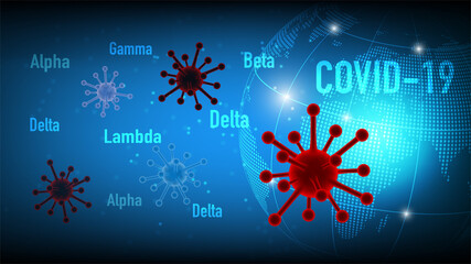 Coronavirus covid-19 Beta, Delta, Alpha, Gamma, Lampda variant with blue background. Mutated coronavirus SARS-CoV-2 flu disease pandemic around the world
