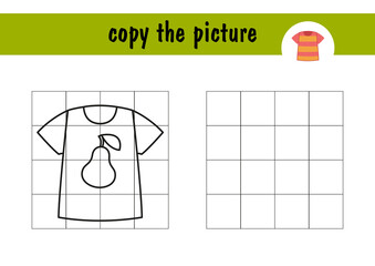 Children s mini-game on paper - draw a T-shirt with a pear. Copy the picture using grid lines, simple toddler game with easy level of play, drawing game for kids.