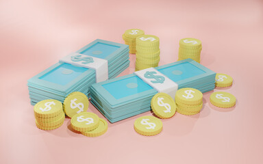 Bundles cash and stack dollar coins  on pink background.