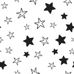 Star doodles seamless pattern. Hand drawn stars illustrations, background texture. Monochromatic.