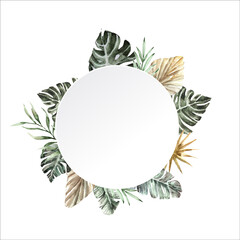 A rounded Badge frame with watercolor tropical leaf 