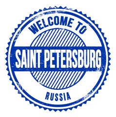 WELCOME TO SAINT PETERSBURG - RUSSIA, words written on russian blue stamp