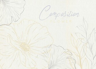 Composition of plant contour illustrations in gold and gray on textured watercolor paper