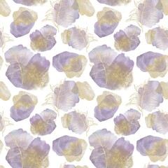Purple burgundy, watercolor spots with a scattering of gold sequins and a contour pattern, twigs with leaves on a white background, seamless pattern