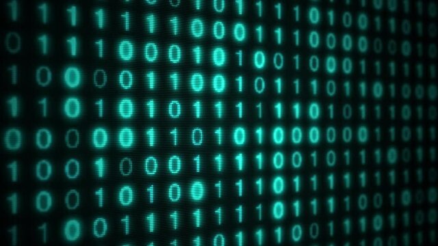 Seamless loop of teal digital binary data generated on a computer screen. Binary code looped animation. Motion graphic